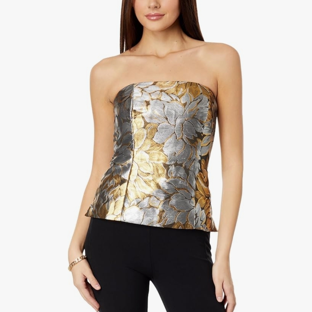 Lilly Pulitzer Camilo Strapless Floral Jacquard Top Gold Metallic Peony Parade